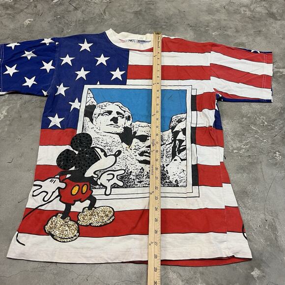Rare VTG Mickey Mouse Mount Rushmore USA Flag Star Stripes All Over T Shirt 90s - Picture 2 of 7